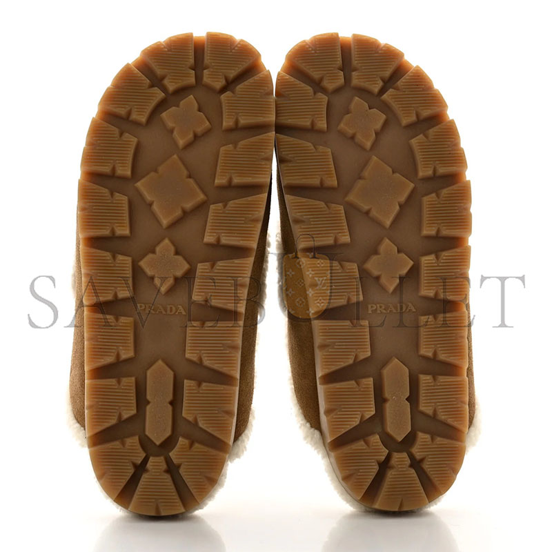 Pra*a suede shearling metal triangle logo lug sole